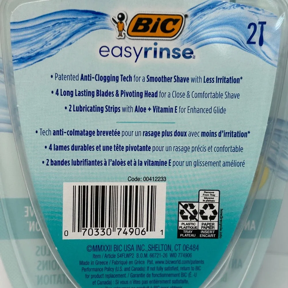 BIC EasyRinse 4 Blade Disposable Razors 2 Count Pack of‎ 2 Total 4 Razors Blue